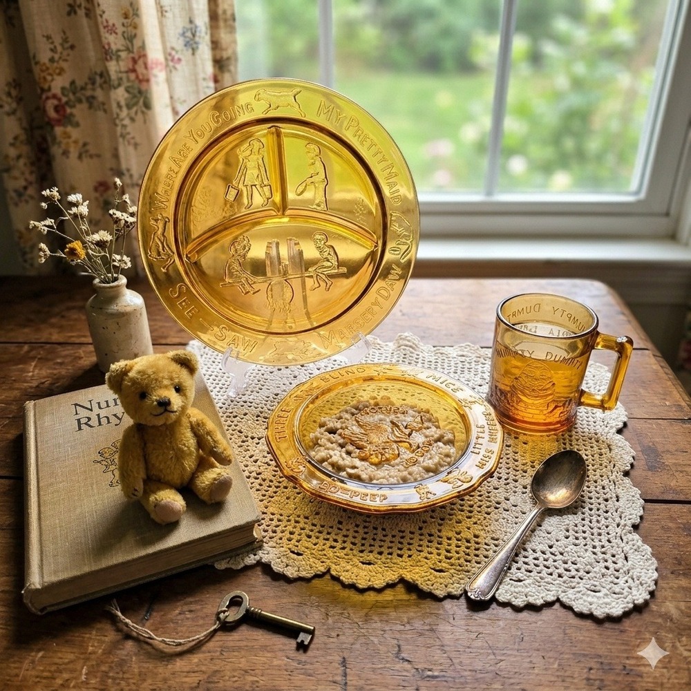 Vintage Tiara‎ Amber Glass Nursery Rhyme Child Dish 3 piece set Mother Goose